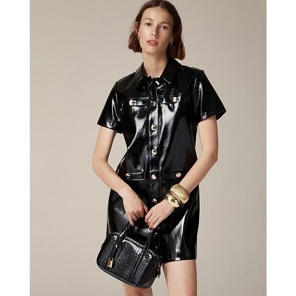 J. CREW Collection Gamine Shirt Dress Faux Patent Leather Black Sz 16 NWT {3E26} - Picture 1 of 3